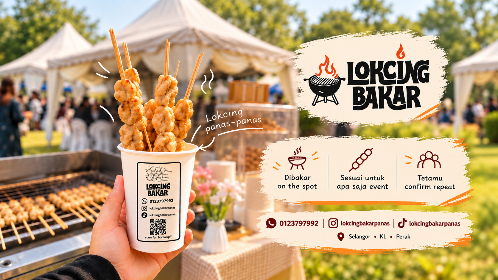 Lokcing Bakar panas di booth majlis, dengan hidangan cup dan maklumat servis